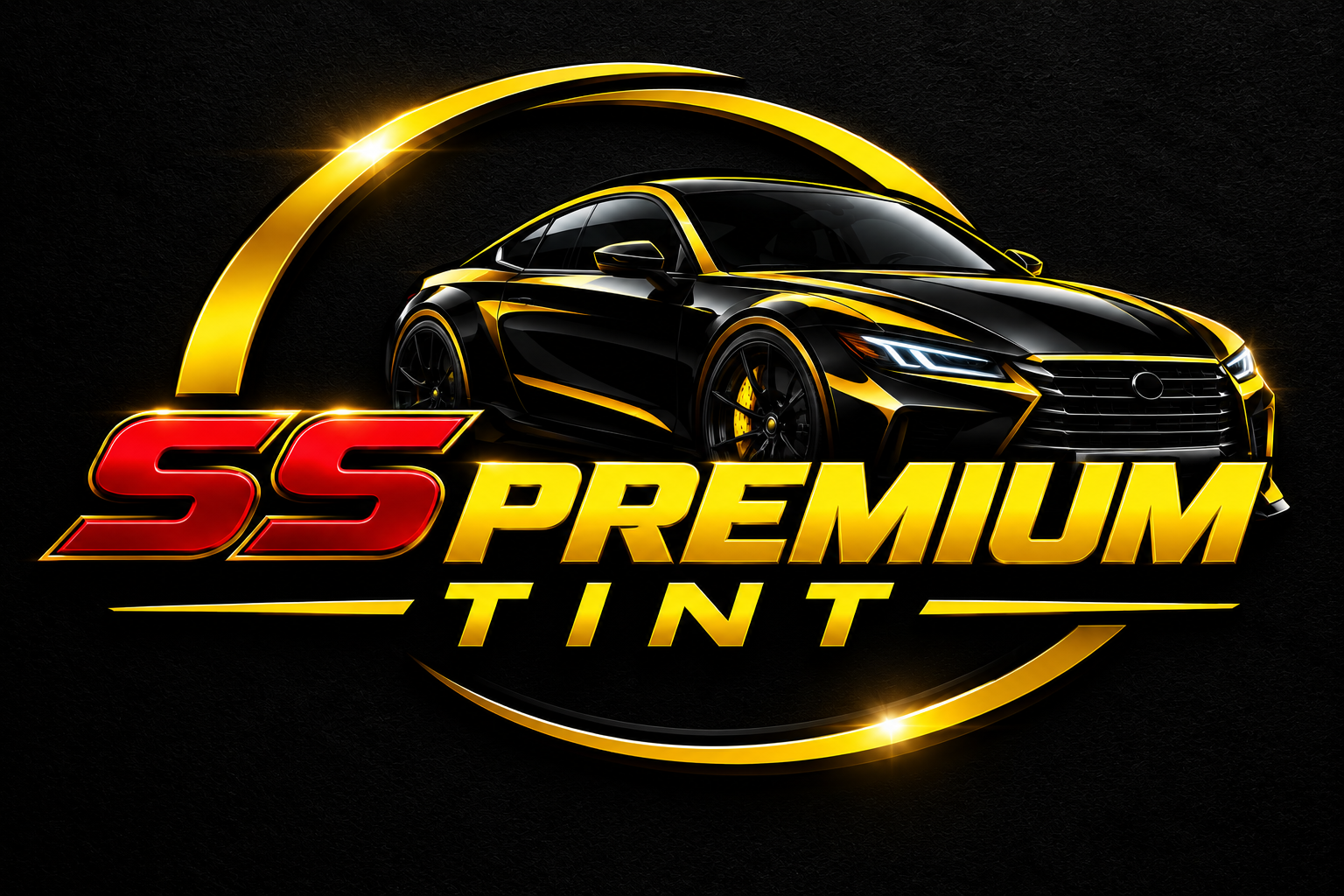SS Premium Tint red and gold logo with black and gold sports car